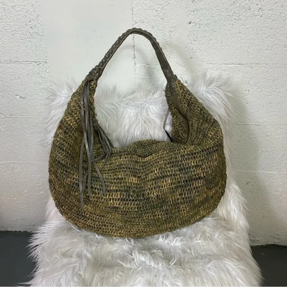 NEW Flora Bella tan green  raffia leather boho hobo shoulder bag